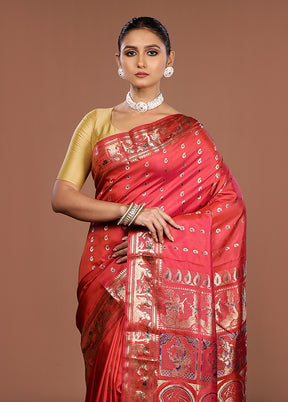 Red Handloom Baluchari Pure Silk Saree With Blouse Piece