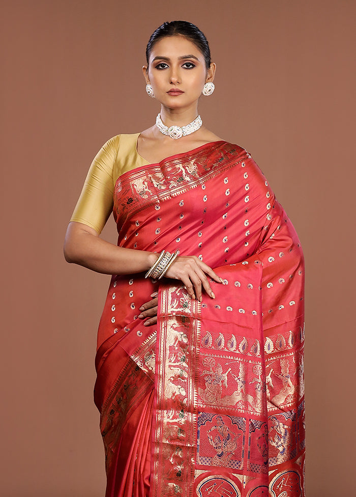 Red Handloom Baluchari Pure Silk Saree With Blouse Piece