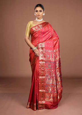 Red Handloom Baluchari Pure Silk Saree With Blouse Piece