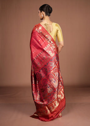 Red Handloom Baluchari Pure Silk Saree With Blouse Piece