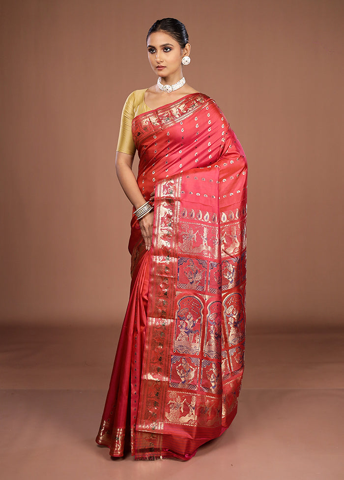Red Handloom Baluchari Pure Silk Saree With Blouse Piece