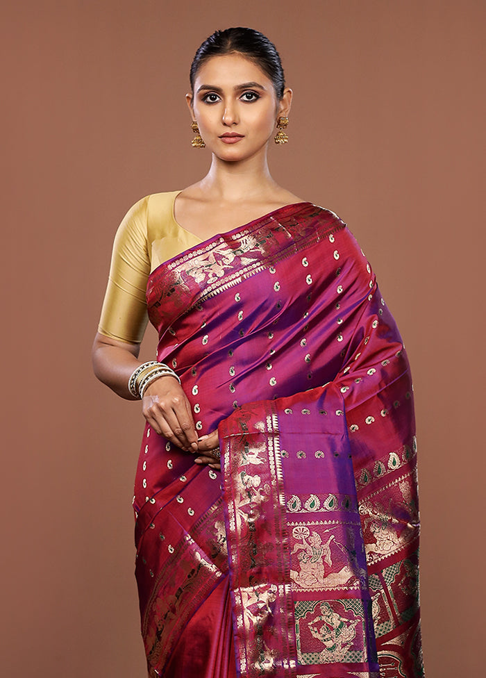 Purple Handloom Baluchari Pure Silk Saree With Blouse Piece