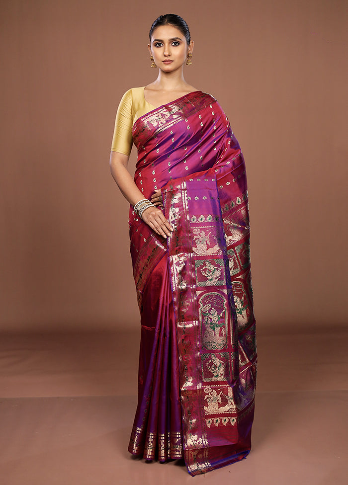 Purple Handloom Baluchari Pure Silk Saree With Blouse Piece