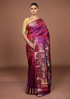 Purple Handloom Baluchari Pure Silk Saree With Blouse Piece