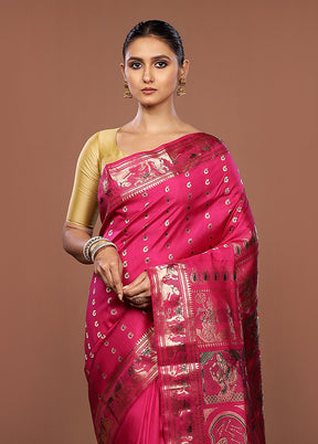 Pink Handloom Baluchari Pure Silk Saree With Blouse Piece