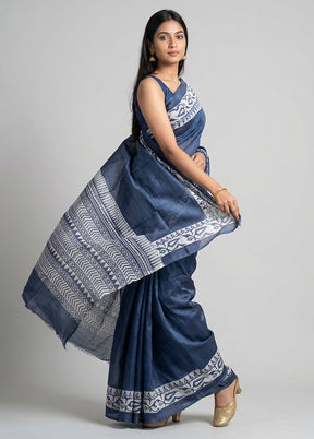 Blue Printed Silk Saree Without Blouse Piece
