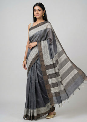 Black Handloom Tussar Silk Saree With Blouse Piece