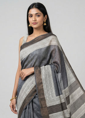 Black Handloom Tussar Silk Saree With Blouse Piece