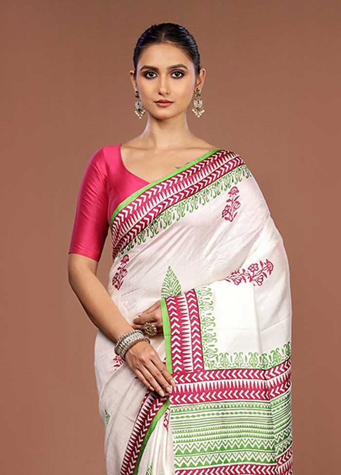 White Printed Silk Saree Without Blouse Piece
