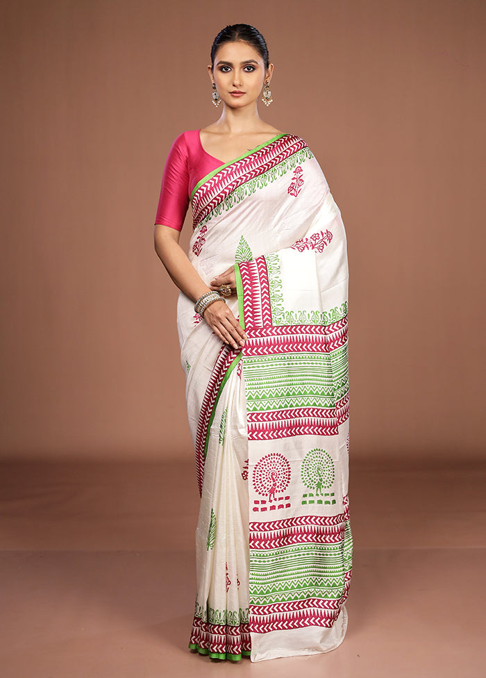 White Printed Silk Saree Without Blouse Piece