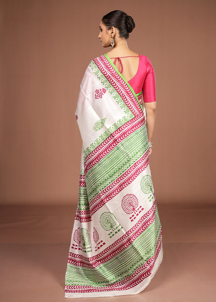 White Printed Silk Saree Without Blouse Piece