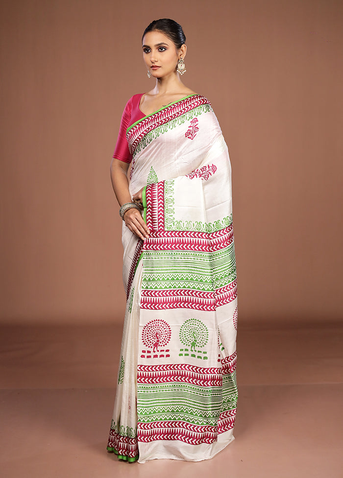 White Printed Silk Saree Without Blouse Piece
