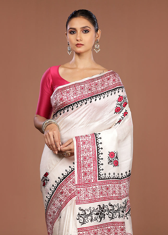 White Printed Silk Saree Without Blouse Piece