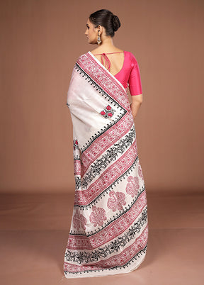 White Printed Silk Saree Without Blouse Piece