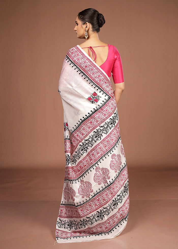 White Printed Silk Saree Without Blouse Piece