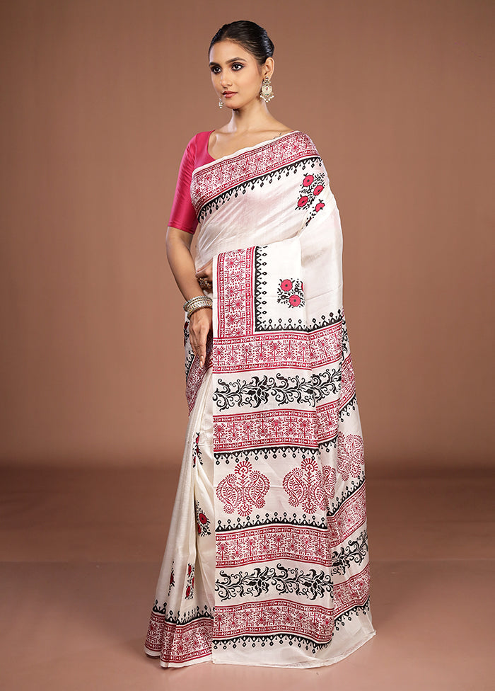 White Printed Silk Saree Without Blouse Piece