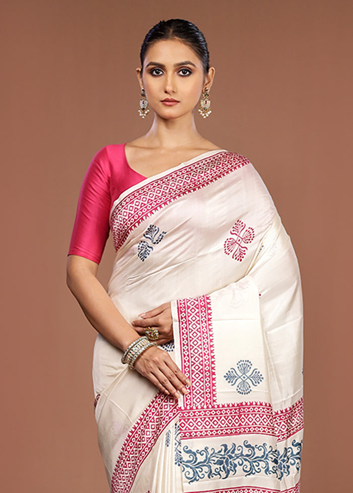 White Printed Silk Saree Without Blouse Piece