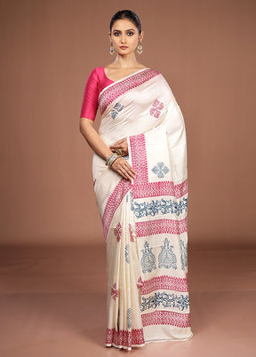 White Printed Silk Saree Without Blouse Piece