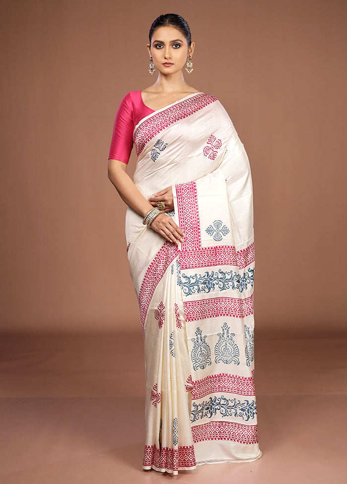 White Printed Silk Saree Without Blouse Piece