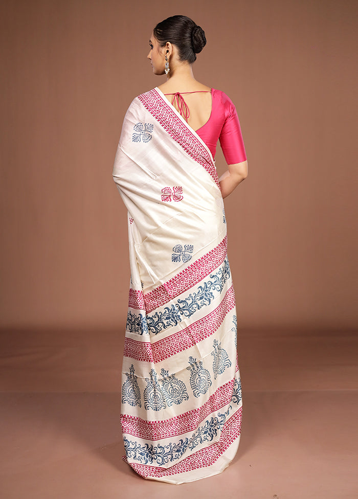 White Printed Silk Saree Without Blouse Piece