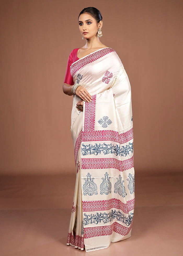 White Printed Silk Saree Without Blouse Piece