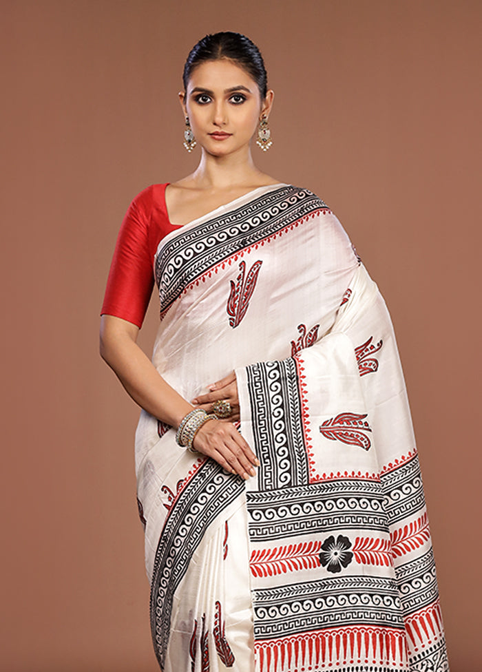 White Printed Silk Saree Without Blouse Piece