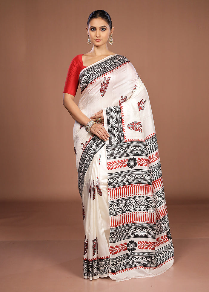 White Printed Silk Saree Without Blouse Piece