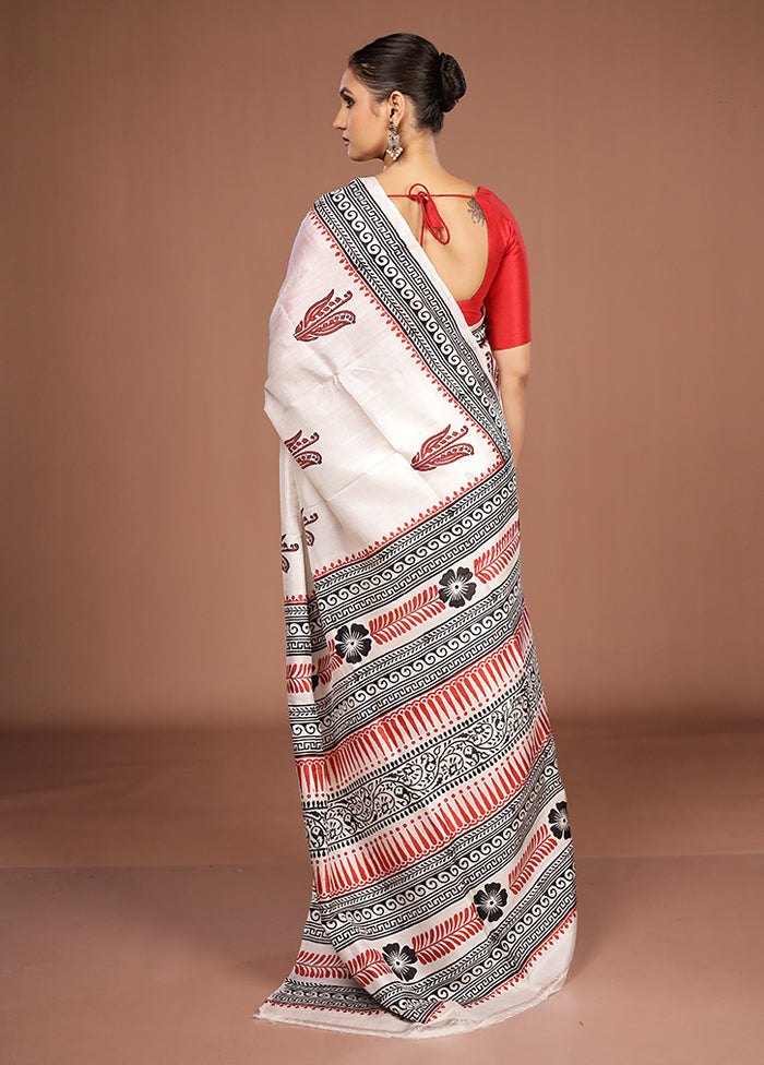 White Printed Silk Saree Without Blouse Piece