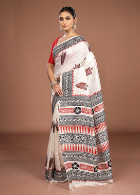 White Printed Silk Saree Without Blouse Piece