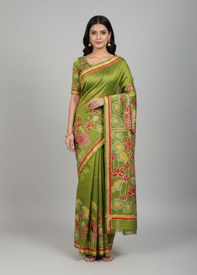 Green Printed Pure Silk Saree Without Blouse Piece