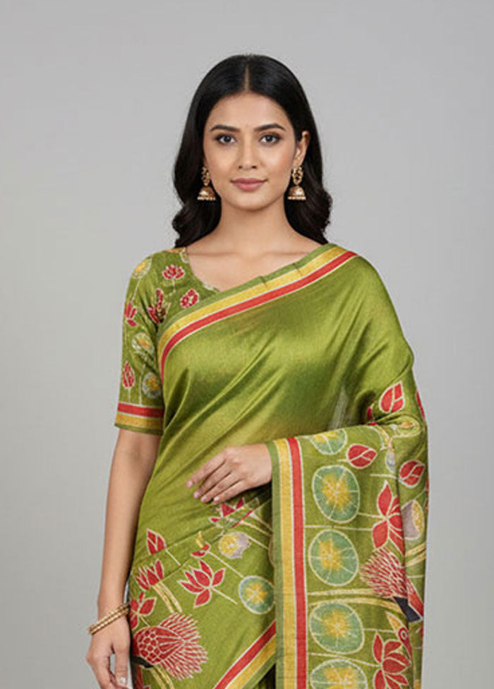 Green Printed Pure Silk Saree Without Blouse Piece