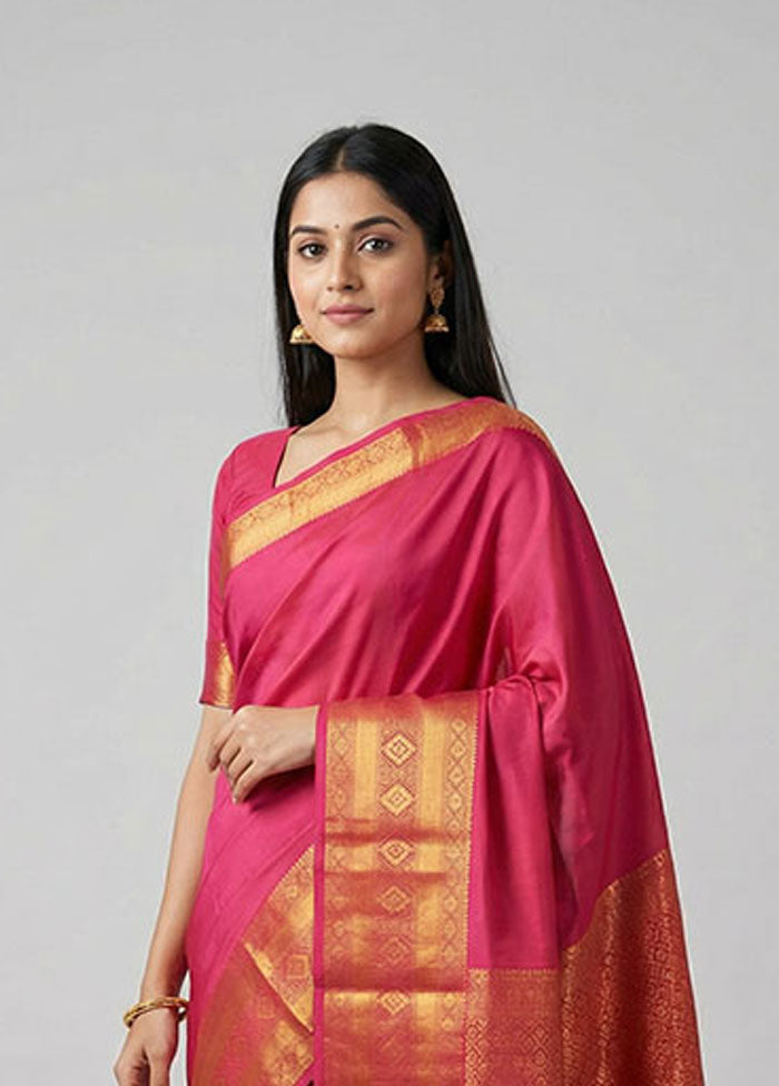 Pink Kanjivaram Silk Saree With Blouse Piece