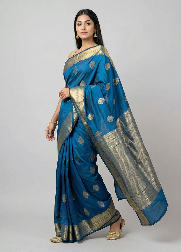 Blue Kanjivaram Silk Saree With Blouse Piece