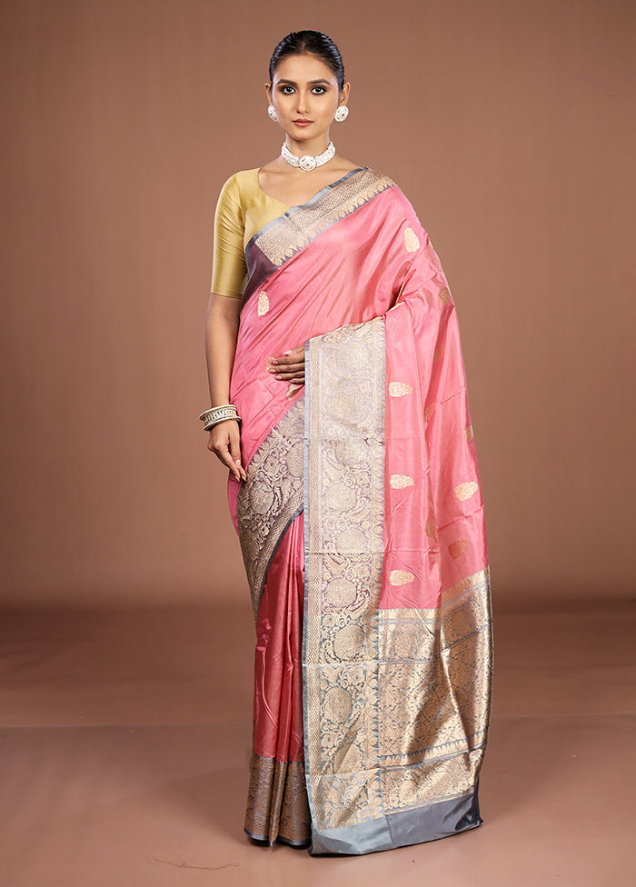 Pink Handloom Katan Pure Silk Saree With Blouse Piece