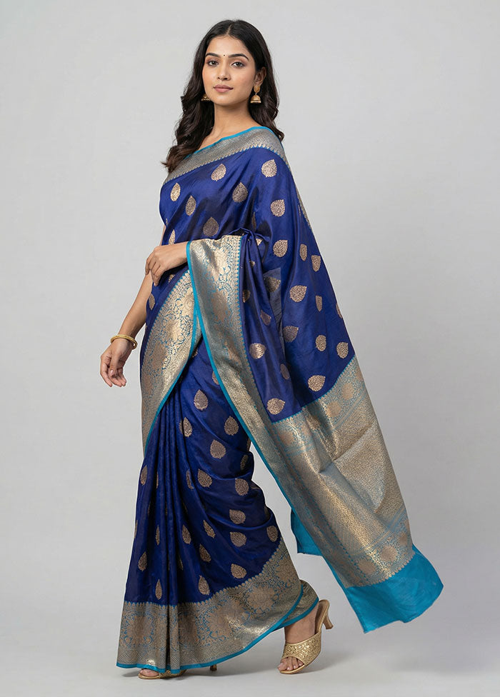 Blue Handloom Katan Pure Silk Saree With Blouse Piece