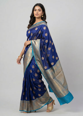 Blue Handloom Katan Pure Silk Saree With Blouse Piece