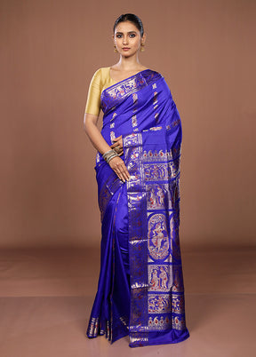 Blue Handloom Baluchari Pure Silk Saree With Blouse Piece