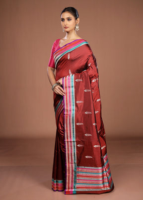 Maroon Handloom Katan Pure Silk Saree With Blouse Piece