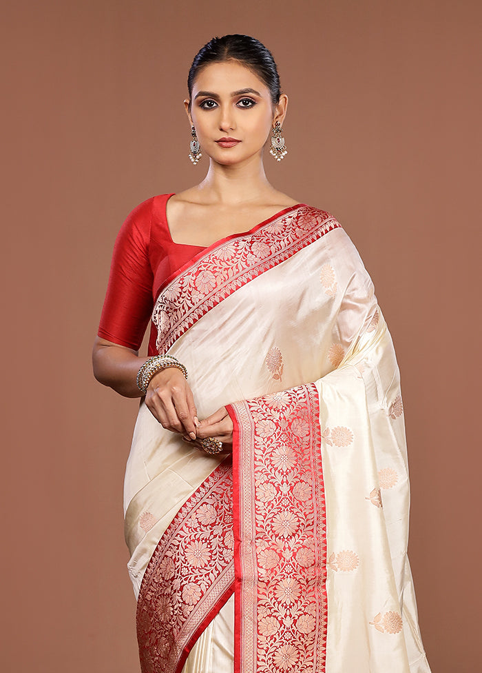 Cream Handloom Katan Pure Silk Saree With Blouse Piece