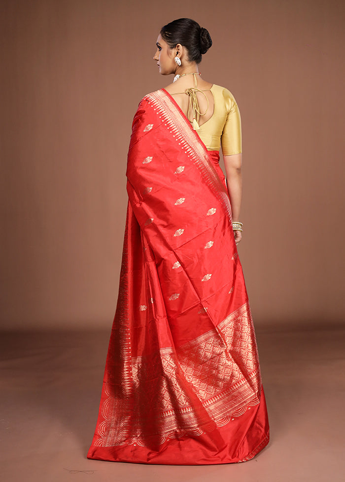 Red Handloom Katan Pure Silk Saree With Blouse Piece