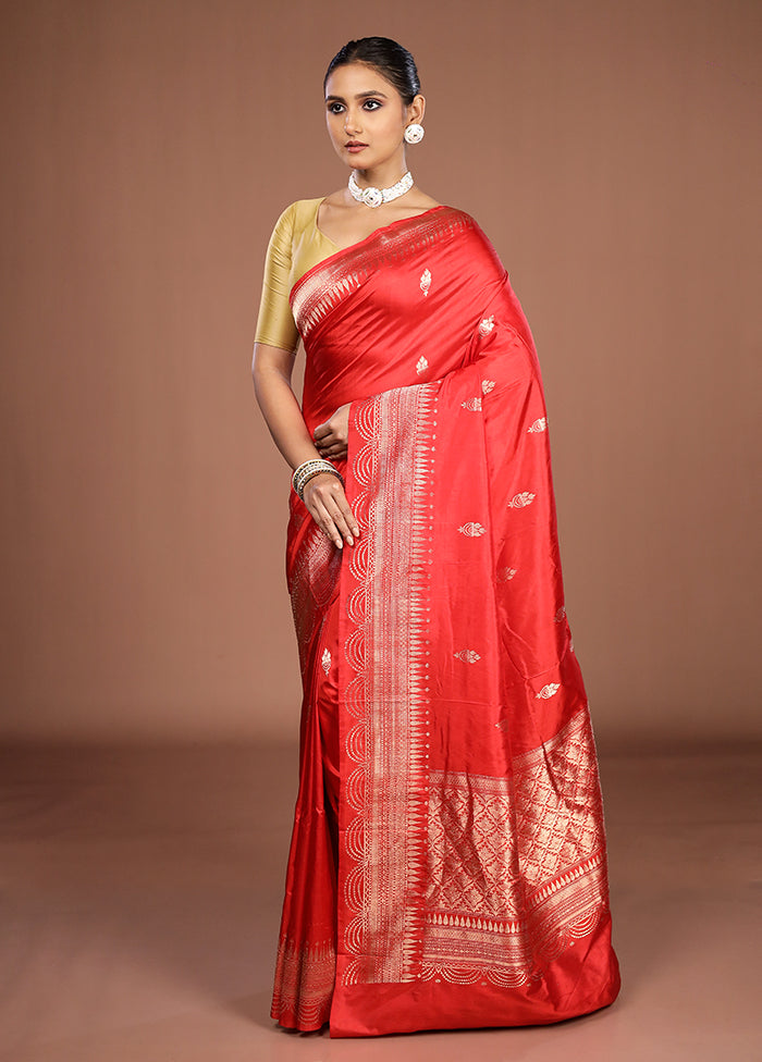 Red Handloom Katan Pure Silk Saree With Blouse Piece
