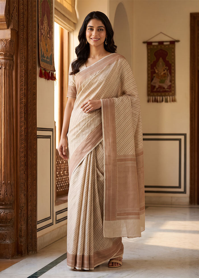 Cream Kora Silk Saree With Blouse Piece