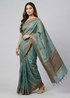 Blue Kora Silk Saree With Blouse Piece