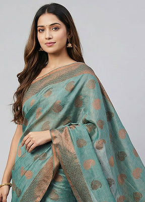 Blue Kora Silk Saree With Blouse Piece