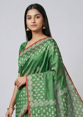 Green Printed Silk Saree Without Blouse Piece