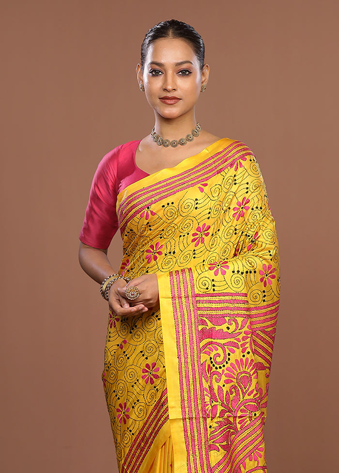 Yellow Kantha Stitch Silk Saree With Blouse Piece