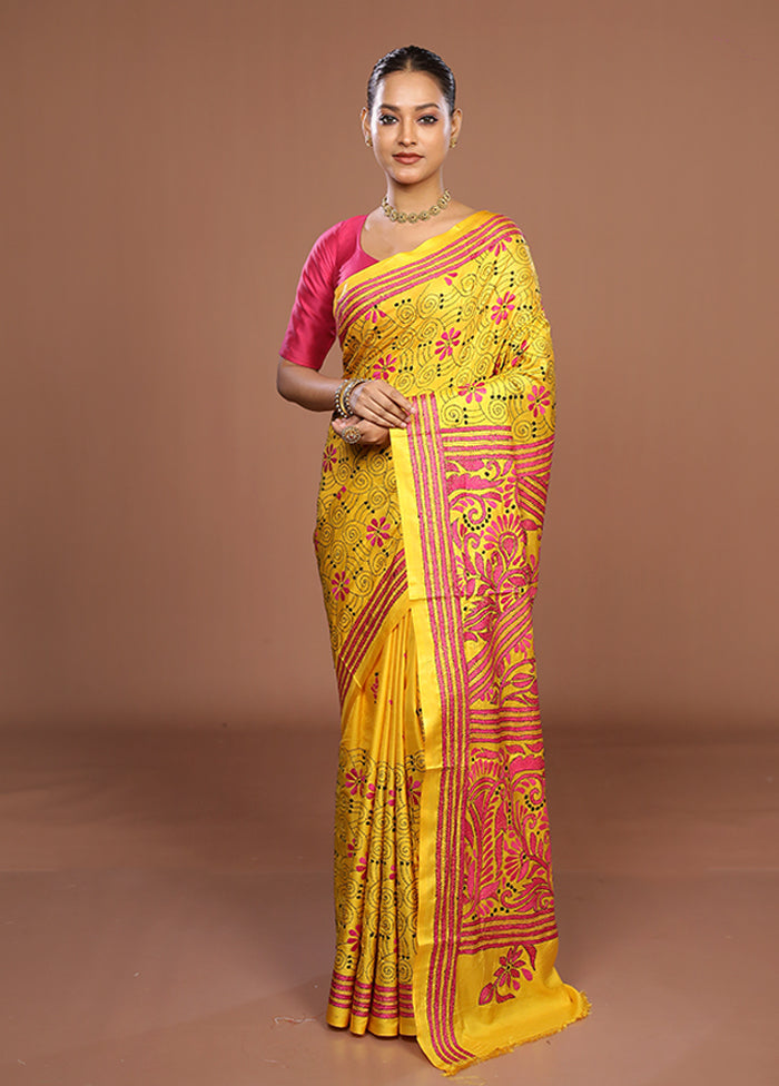 Yellow Kantha Stitch Silk Saree With Blouse Piece