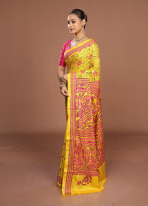 Yellow Kantha Stitch Silk Saree With Blouse Piece