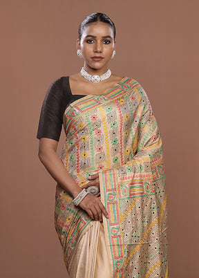 Cream Kantha Stitch Silk Saree With Blouse Piece