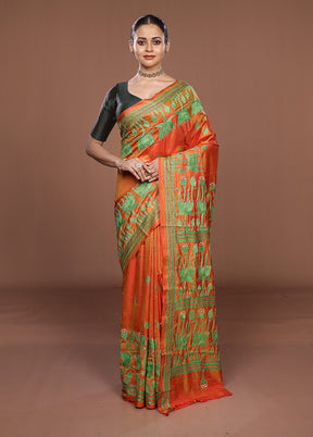 Yellow Kantha Stitch Silk Saree With Blouse Piece
